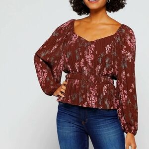 Les Serein Esperenza Burgundy Peplum Blouse, Size Small